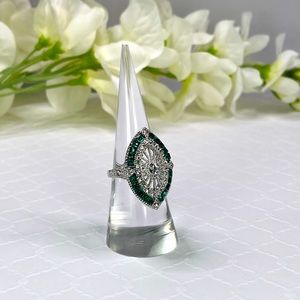 Antique style filigree ring with simulated diamonds and emerald baguettes 7